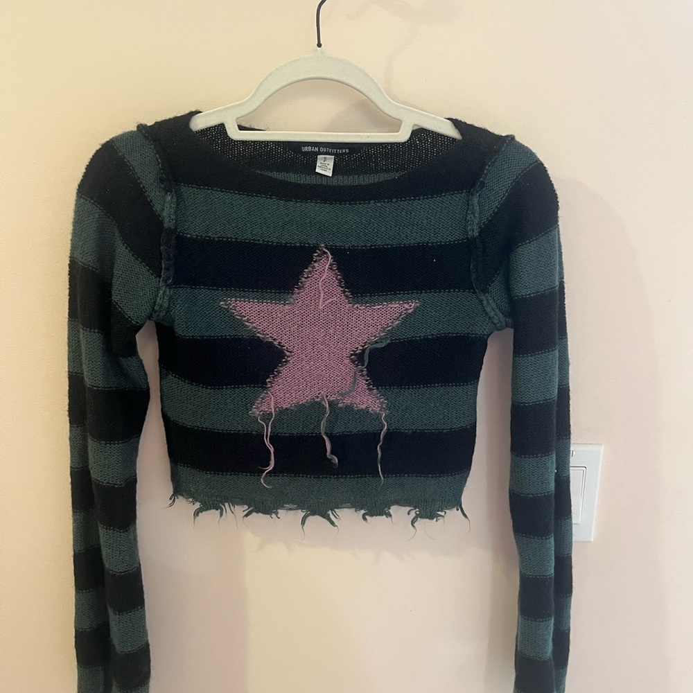 Urban Outfitters Green and Black Crew Neck Sweater with Stripes